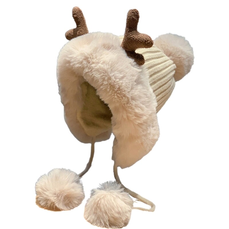 Winter Faux Fur Reindeer Beanie Hat-Enchanted peach