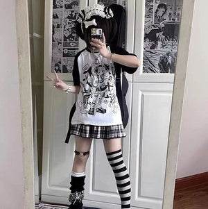 Y2K Harajuku Anime Punk Girl Black Blue Women's Top Tee-Enchanted peach