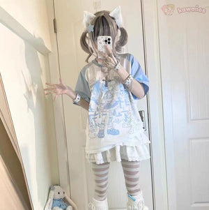 Y2K Harajuku Anime Punk Girl Black Blue Women's Top Tee-Enchanted peach