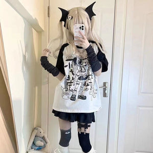 Y2K Harajuku Anime Punk Girl Black Blue Women's Top Tee-Enchanted peach