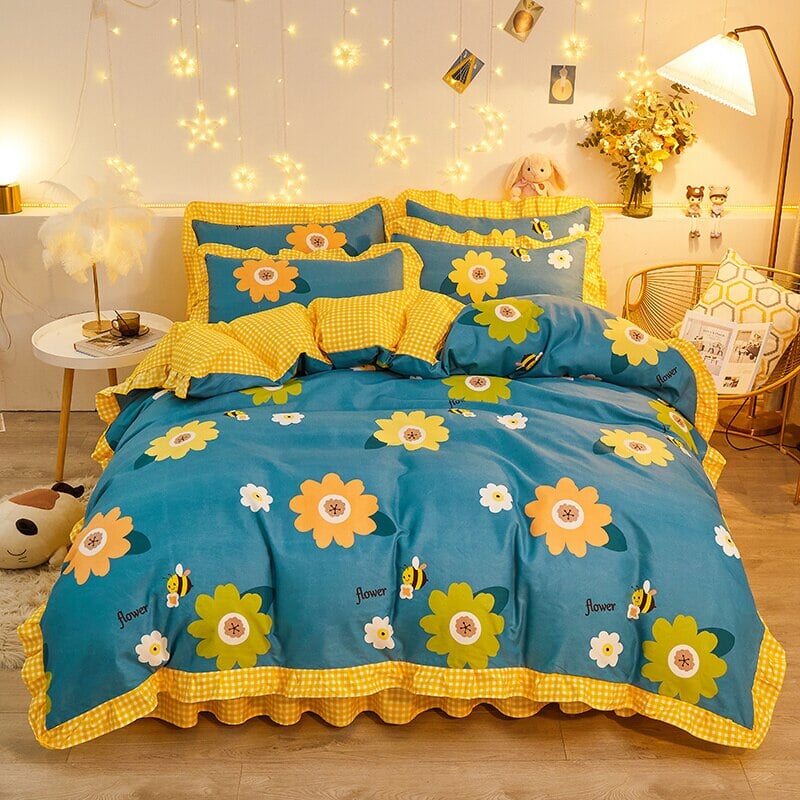 Yellow Floral Bedding Set Collection with Bed Sheet-Enchanted peach