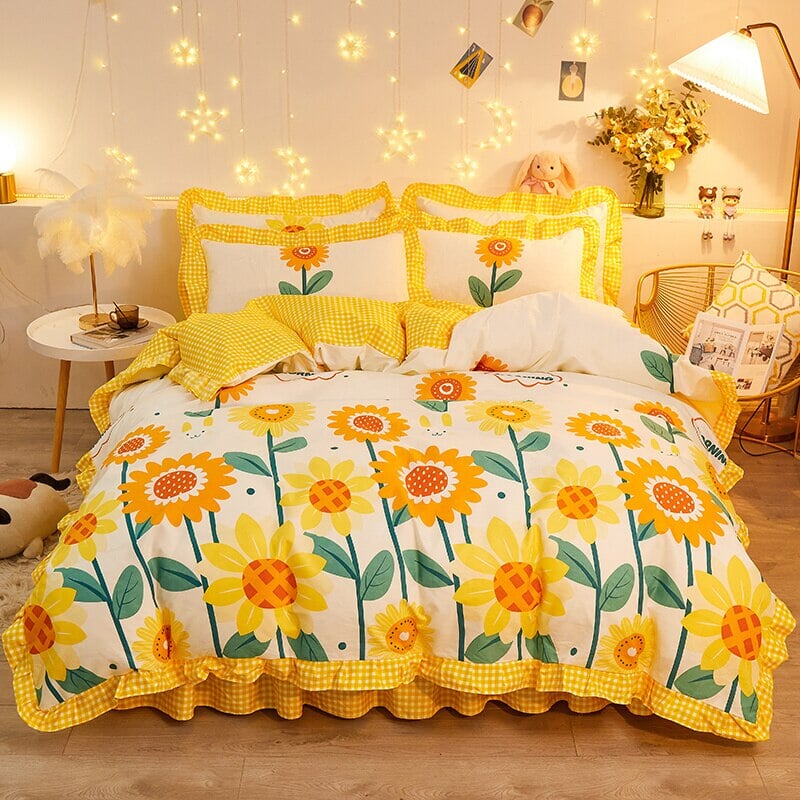 Yellow Floral Bedding Set Collection with Bed Sheet-Enchanted peach