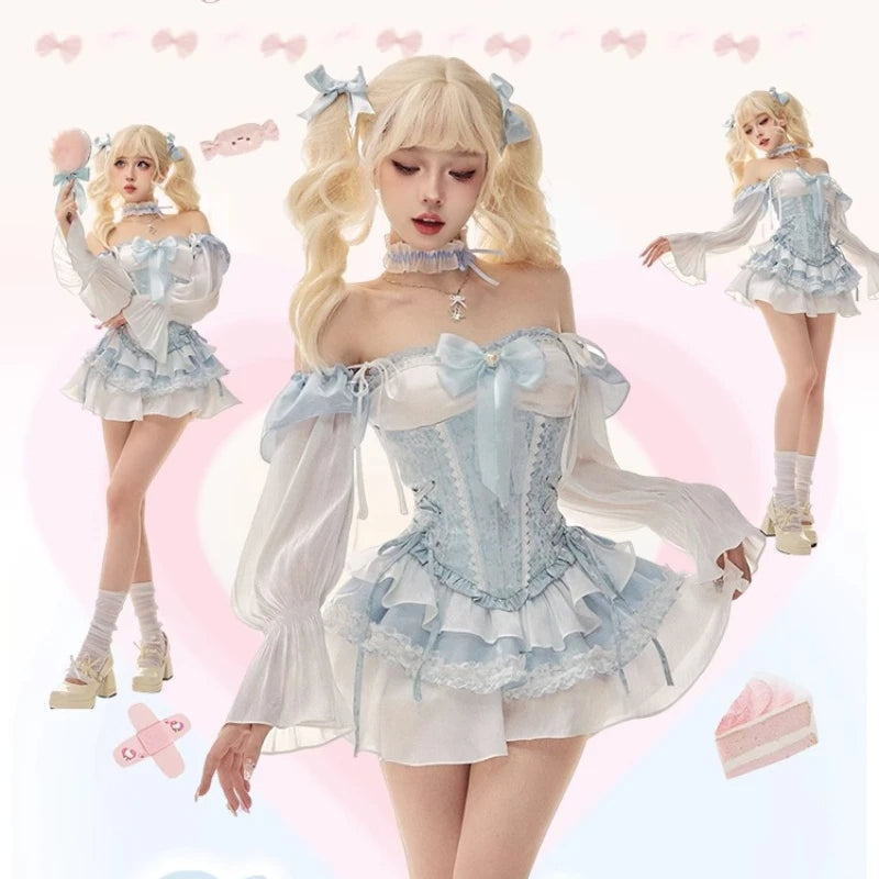 Blue Babydoll Ruffled Outfit Set